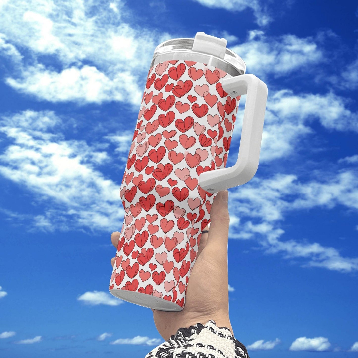 Red Little Hearts 40oz Stainless Steel Tumbler Gift With White Handle and Straw - DeRose Seasonal