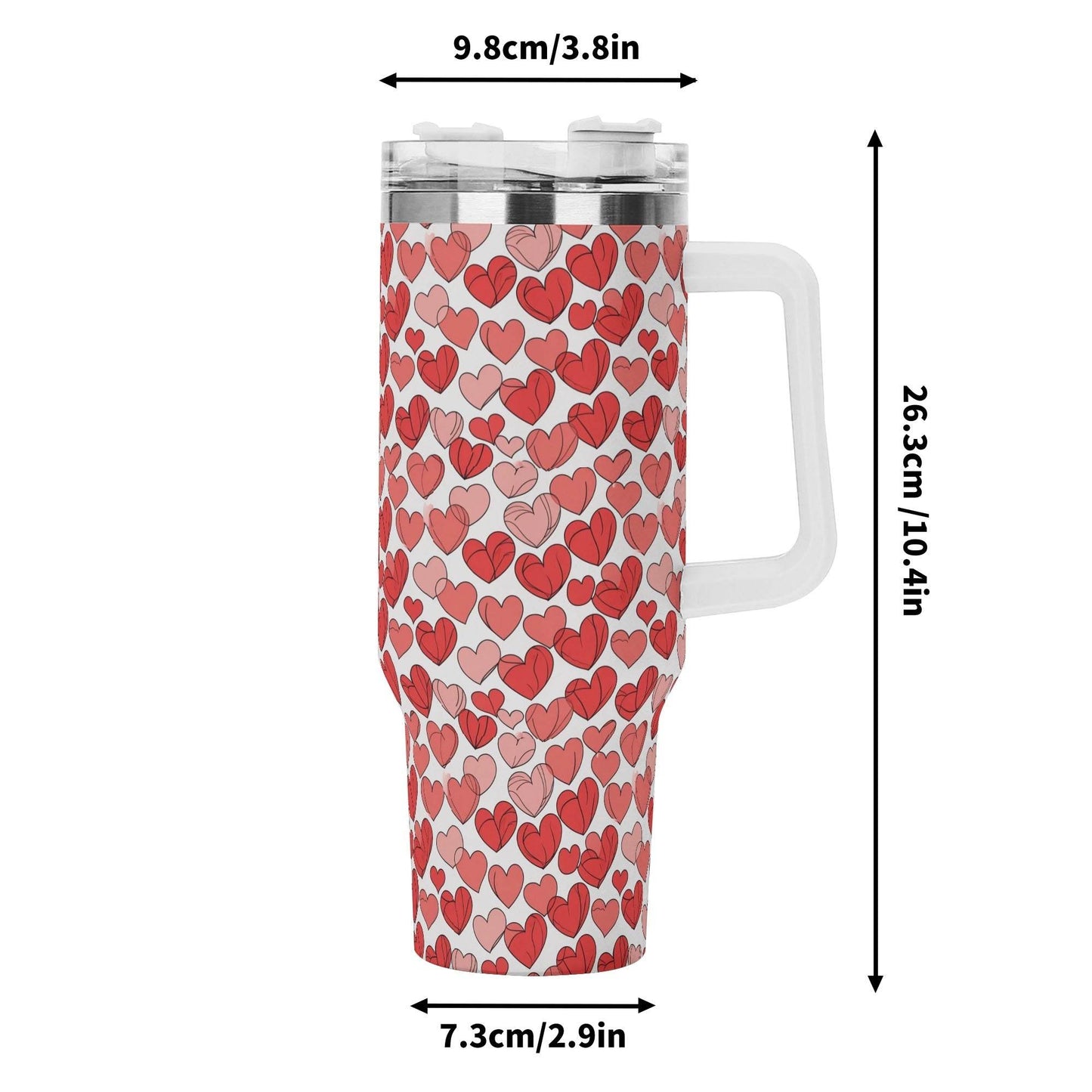 Red Little Hearts 40oz Stainless Steel Tumbler Gift With White Handle and Straw - DeRose Seasonal