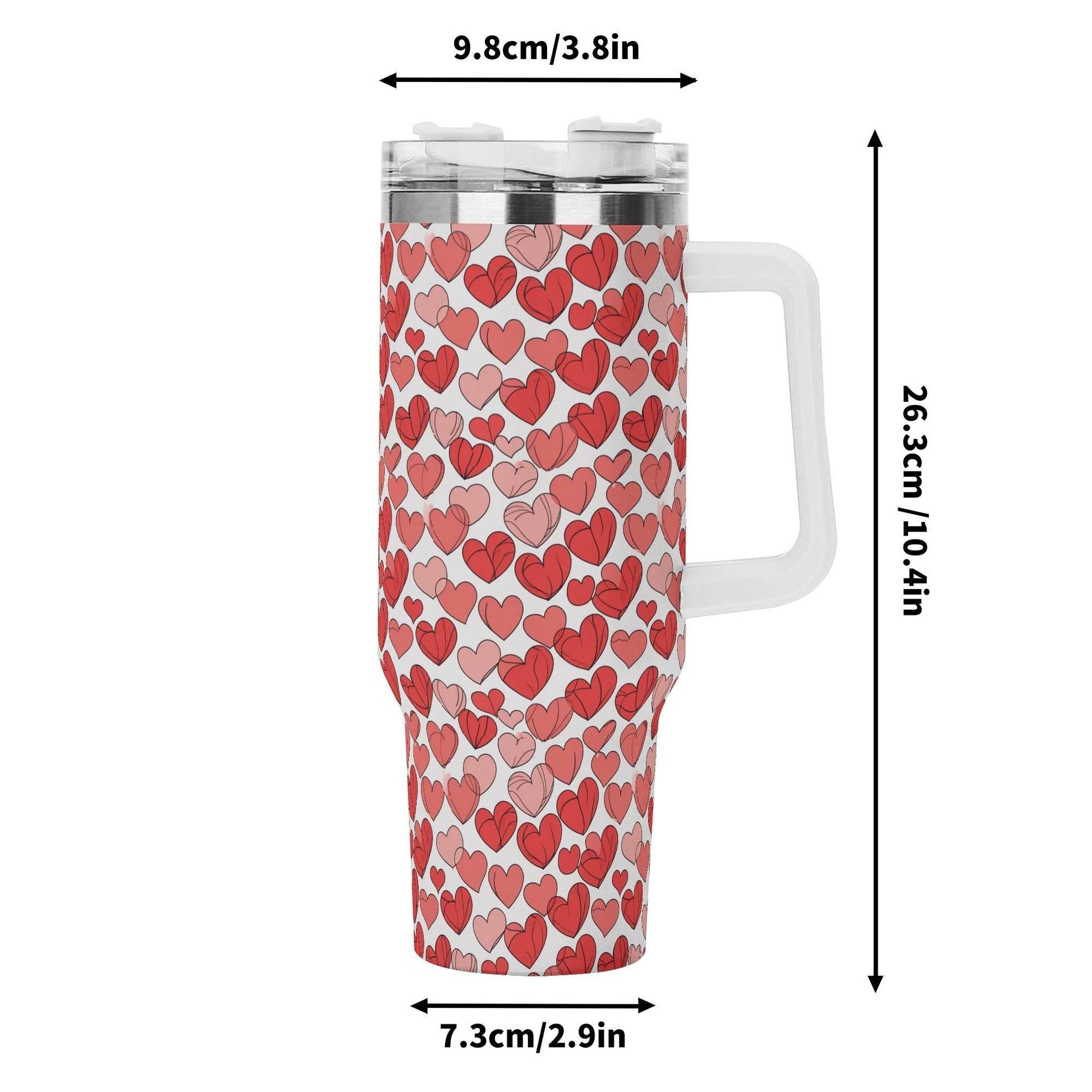 Red Little Hearts 40oz Stainless Steel Tumbler Gift With White Handle and Straw - DeRose Seasonal