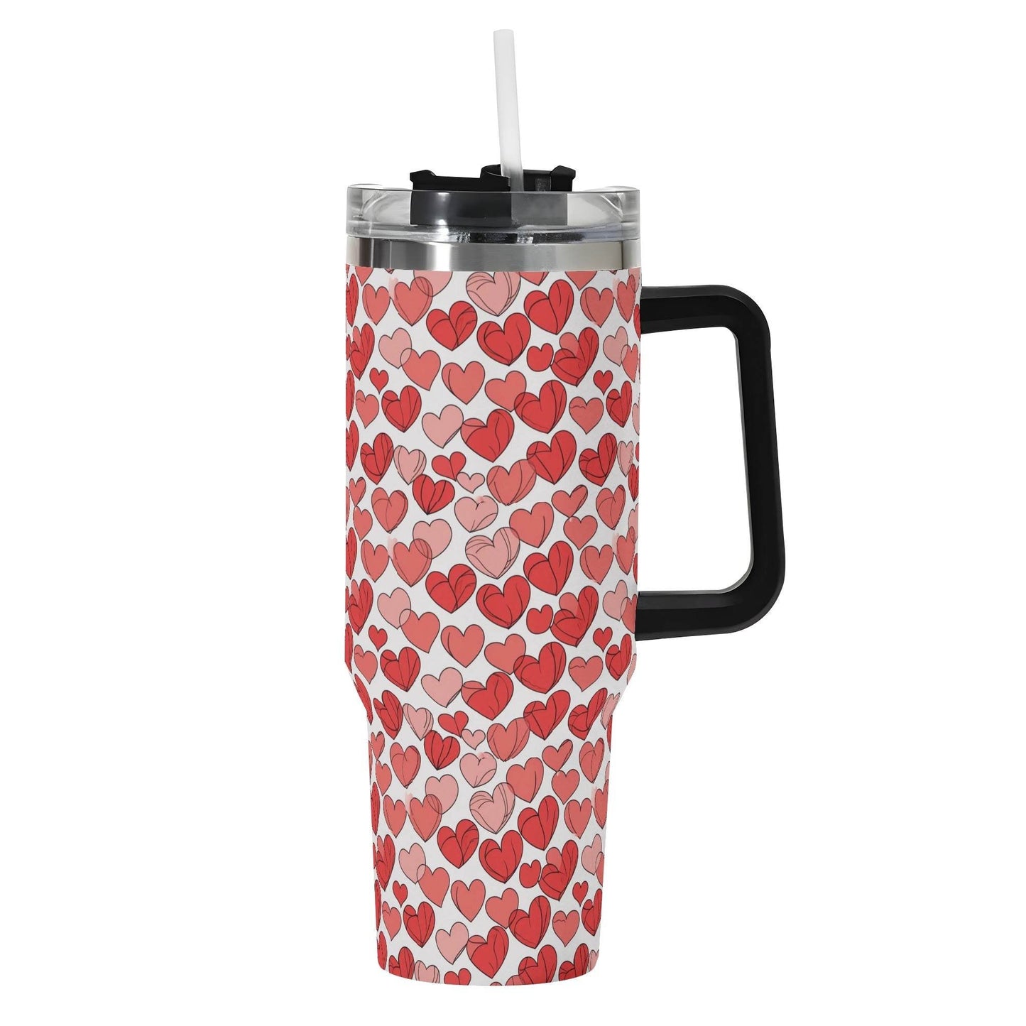 Red Little Hearts 40oz Stainless Steel Tumbler Gift With Black Handle and Straw - DeRose Seasonal