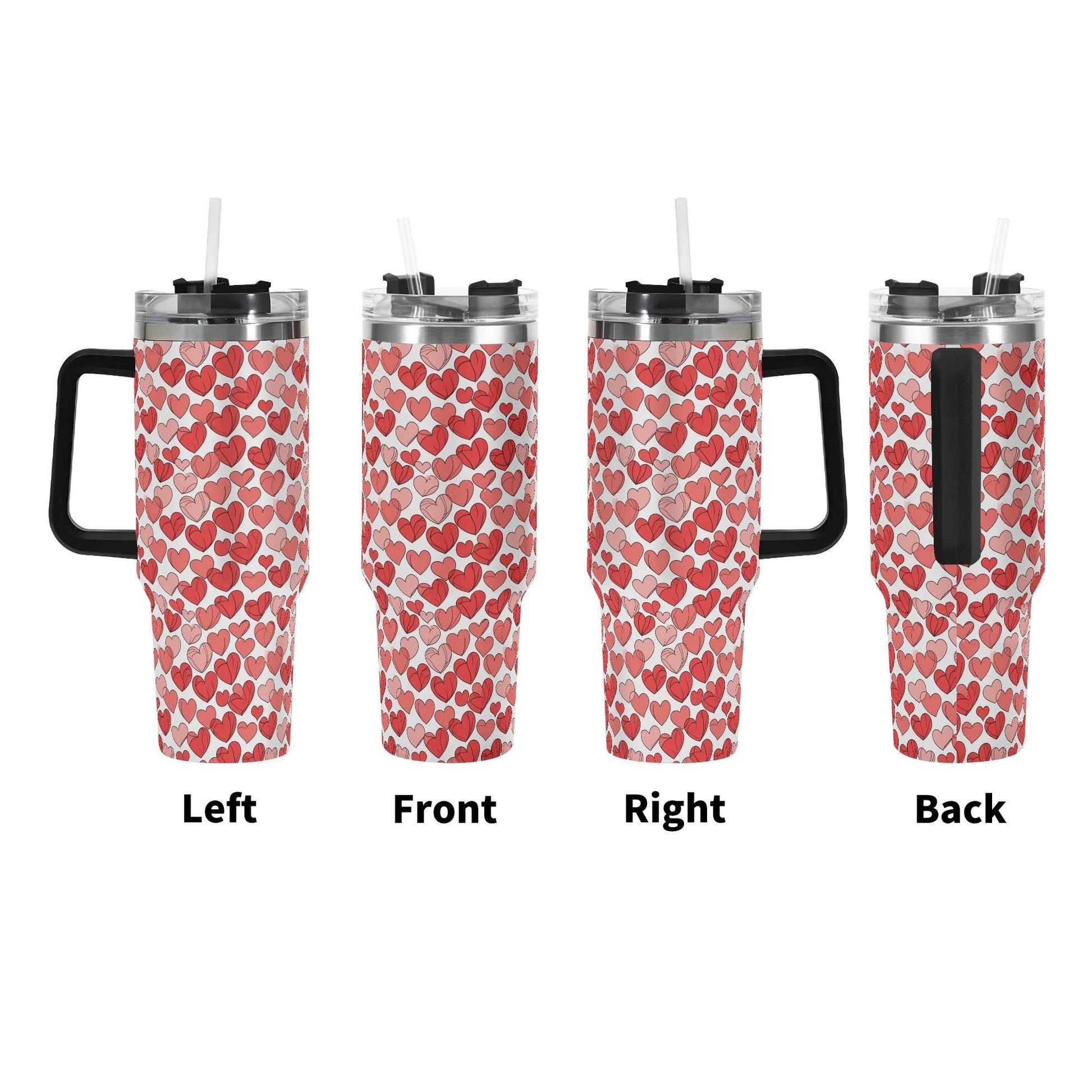 Red Little Hearts 40oz Stainless Steel Tumbler Gift With Black Handle and Straw - DeRose Seasonal