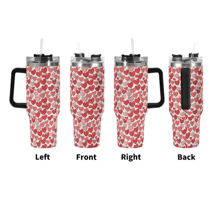 Red Little Hearts 40oz Stainless Steel Tumbler Gift With Black Handle and Straw - DeRose Seasonal