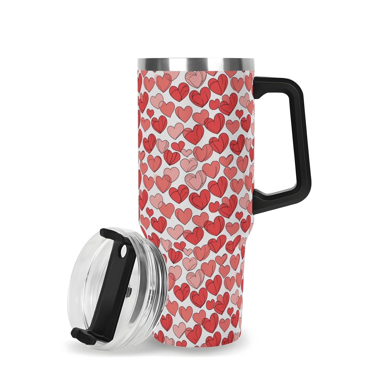 Red Little Hearts 40oz Stainless Steel Tumbler Gift With Black Handle and Straw - DeRose Seasonal