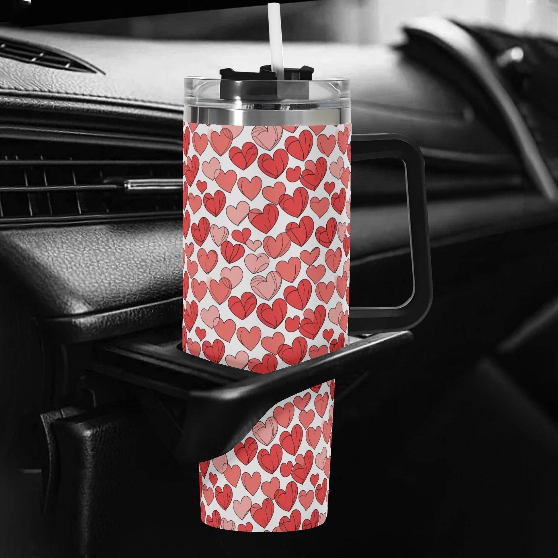 Red Little Hearts 40oz Stainless Steel Tumbler Gift With Black Handle and Straw - DeRose Seasonal