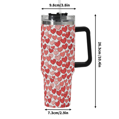 Red Little Hearts 40oz Stainless Steel Tumbler Gift With Black Handle and Straw - DeRose Seasonal