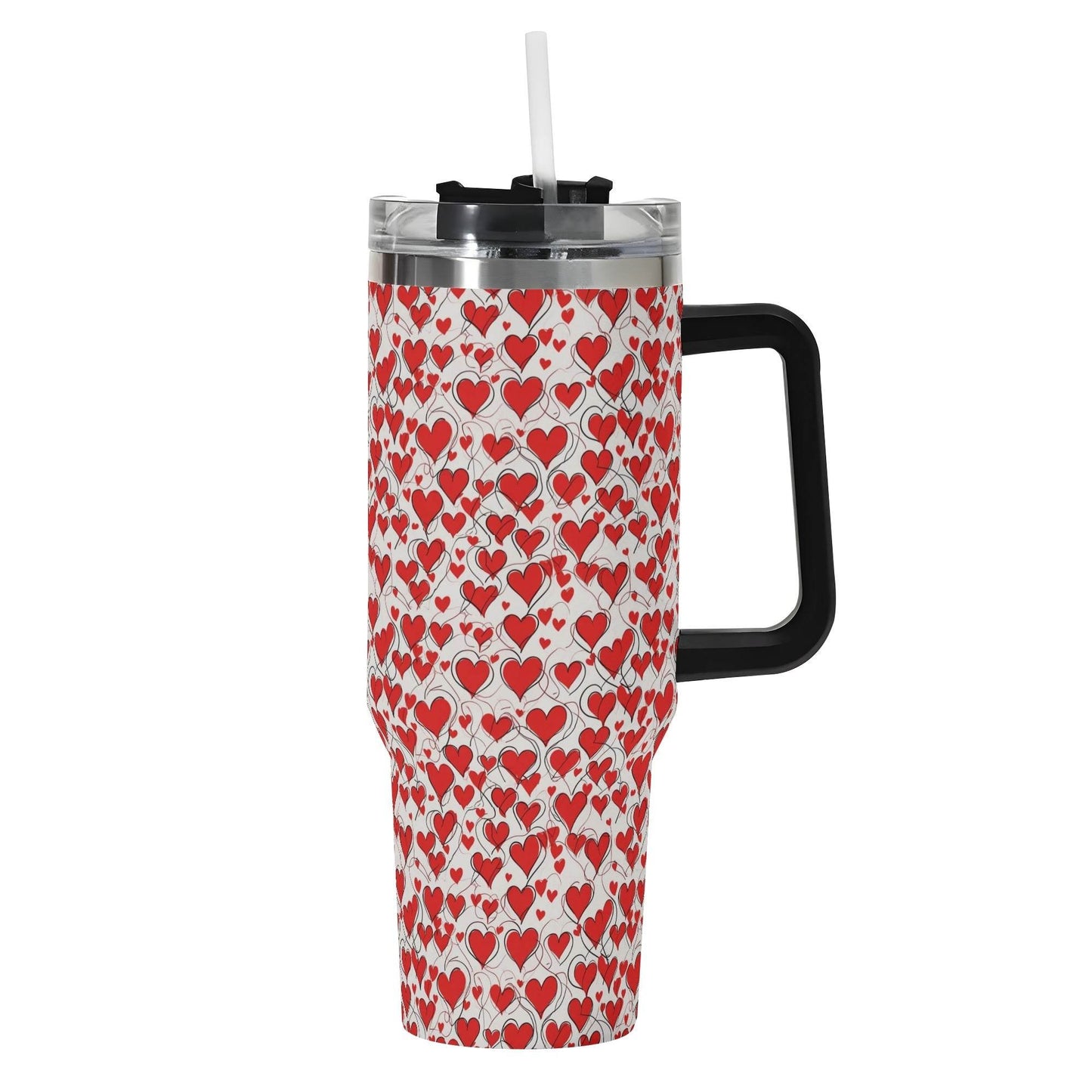 Scribbled Hearts 40oz Stainless Steel Tumbler Gift With Black Handle and Straw - DeRose Seasonal
