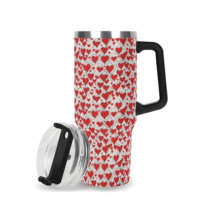 Scribbled Hearts 40oz Stainless Steel Tumbler Gift With Black Handle and Straw - DeRose Seasonal
