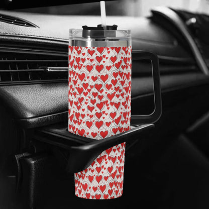 Scribbled Hearts 40oz Stainless Steel Tumbler Gift With Black Handle and Straw - DeRose Seasonal