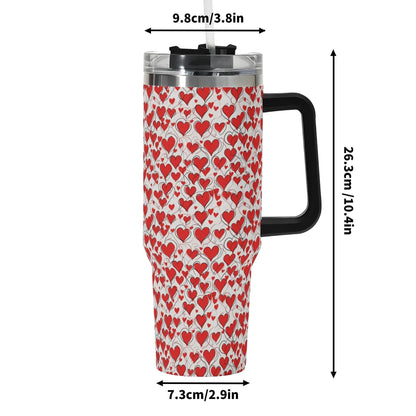 Scribbled Hearts 40oz Stainless Steel Tumbler Gift With Black Handle and Straw - DeRose Seasonal