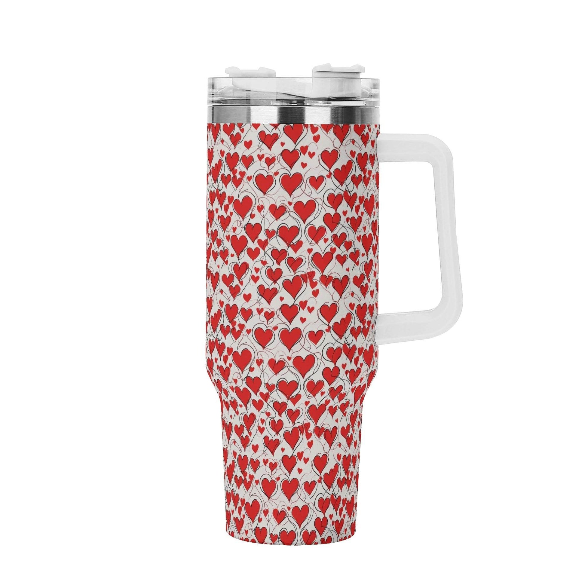 Scribbled Hearts 40oz Stainless Steel Tumbler Gift With White Handle and Straw - DeRose Seasonal