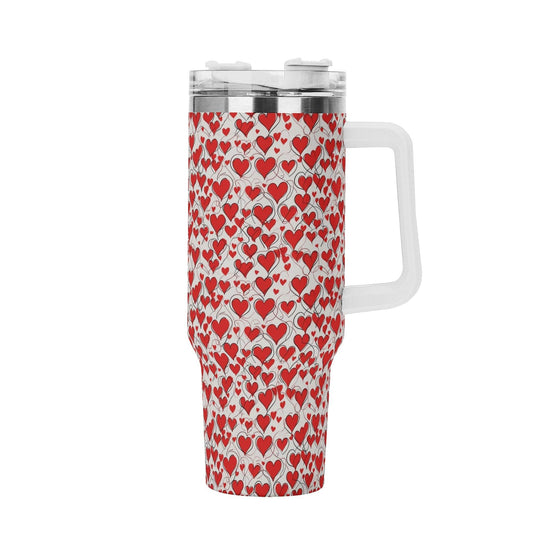 Scribbled Hearts 40oz Stainless Steel Tumbler Gift With White Handle and Straw - DeRose Seasonal