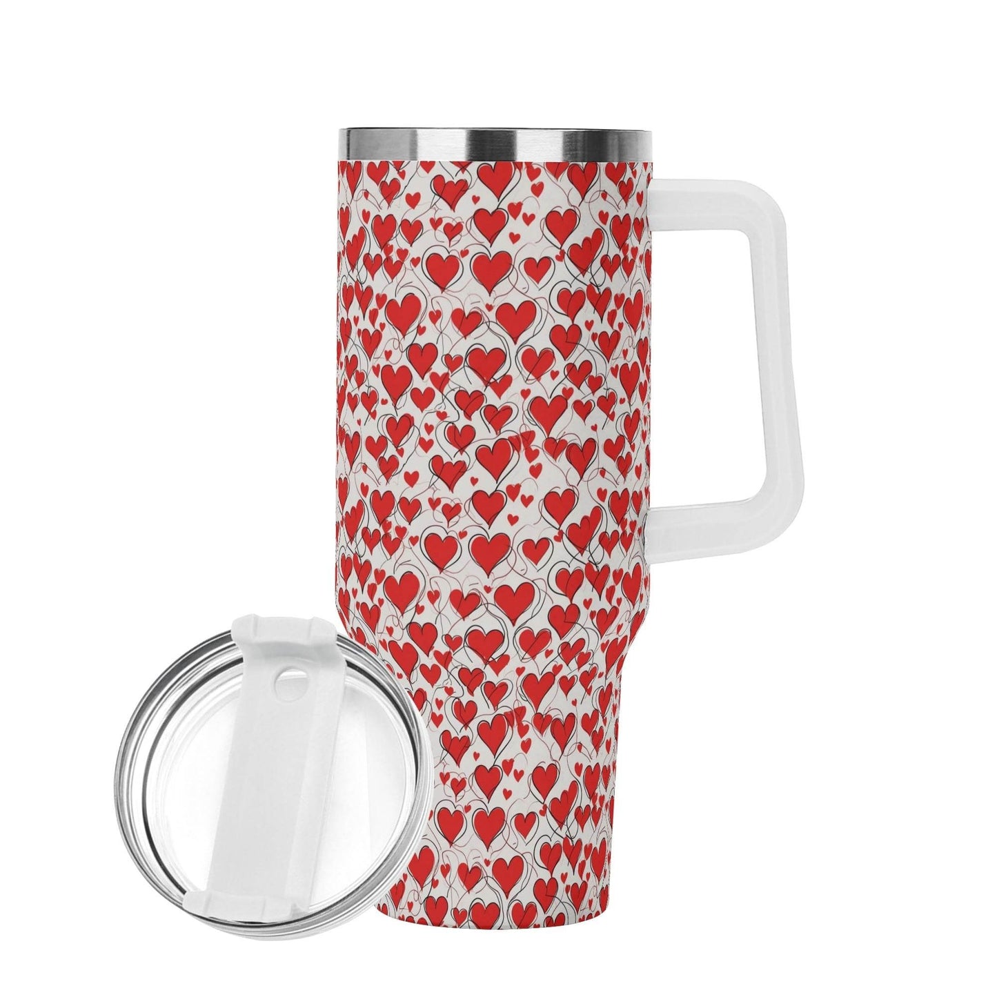 Scribbled Hearts 40oz Stainless Steel Tumbler Gift With White Handle and Straw - DeRose Seasonal