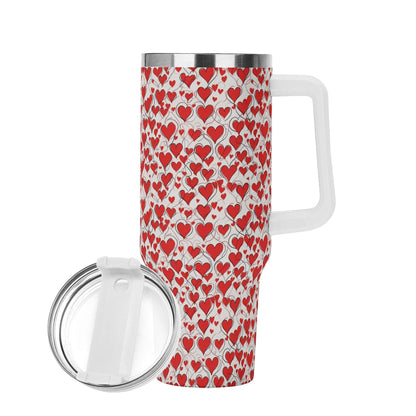 Scribbled Hearts 40oz Stainless Steel Tumbler Gift With White Handle and Straw - DeRose Seasonal