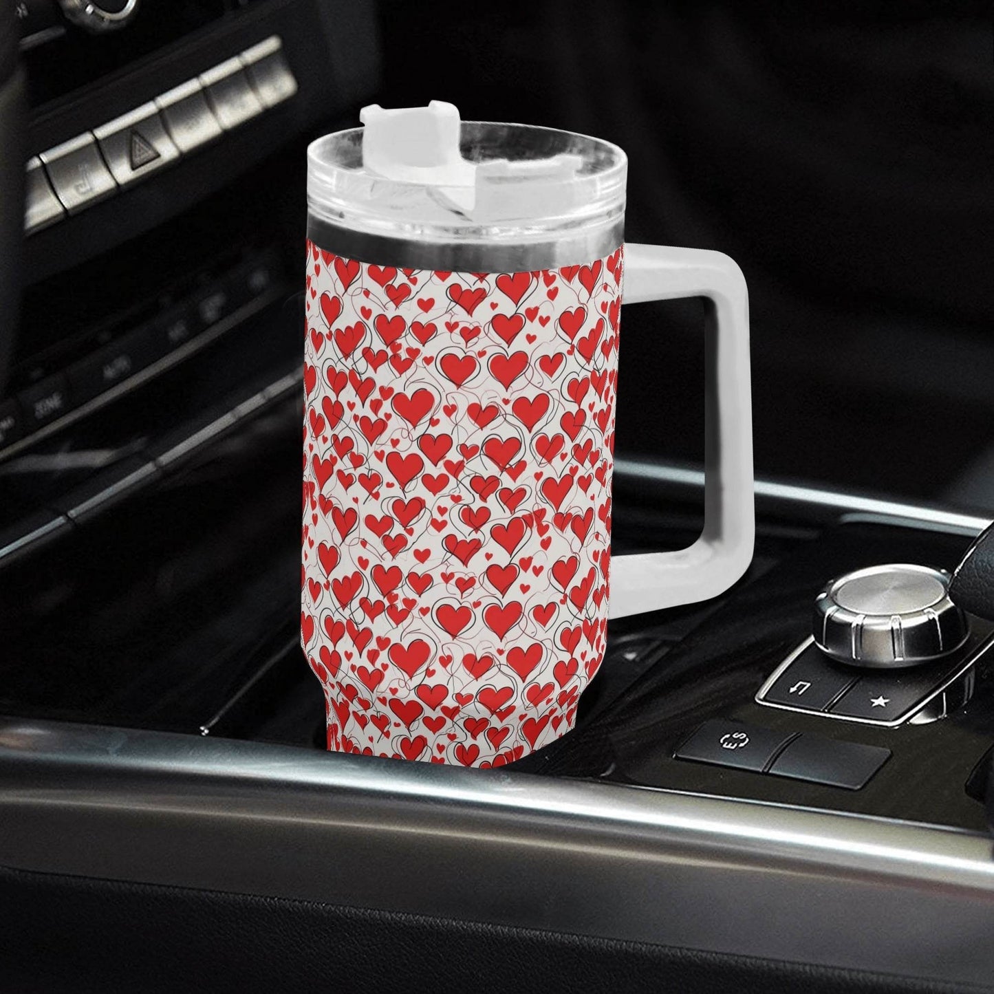 Scribbled Hearts 40oz Stainless Steel Tumbler Gift With White Handle and Straw - DeRose Seasonal