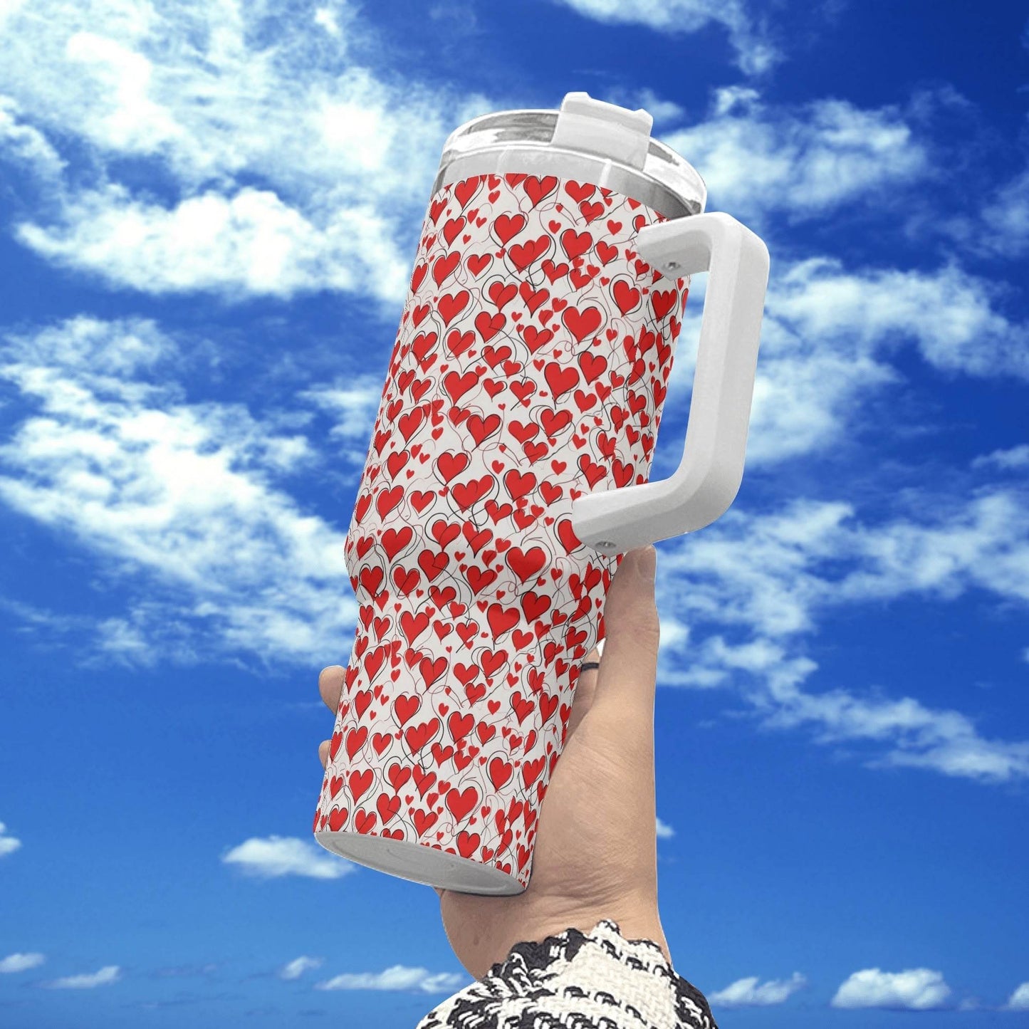 Scribbled Hearts 40oz Stainless Steel Tumbler Gift With White Handle and Straw - DeRose Seasonal