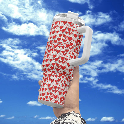 Scribbled Hearts 40oz Stainless Steel Tumbler Gift With White Handle and Straw - DeRose Seasonal