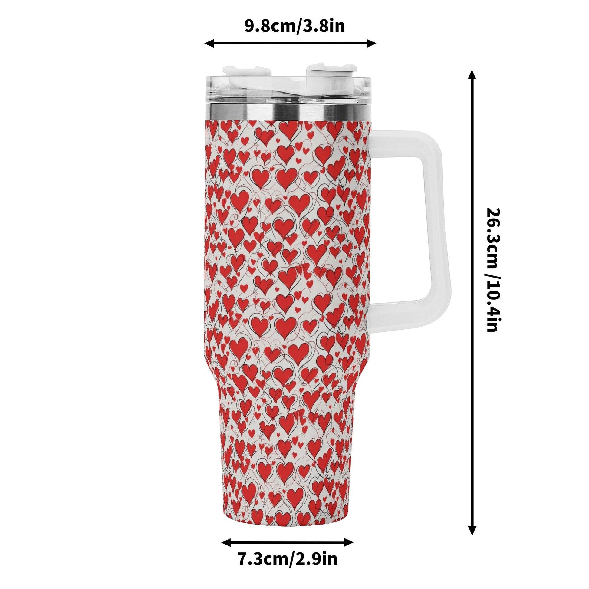 Scribbled Hearts 40oz Stainless Steel Tumbler Gift With White Handle and Straw - DeRose Seasonal