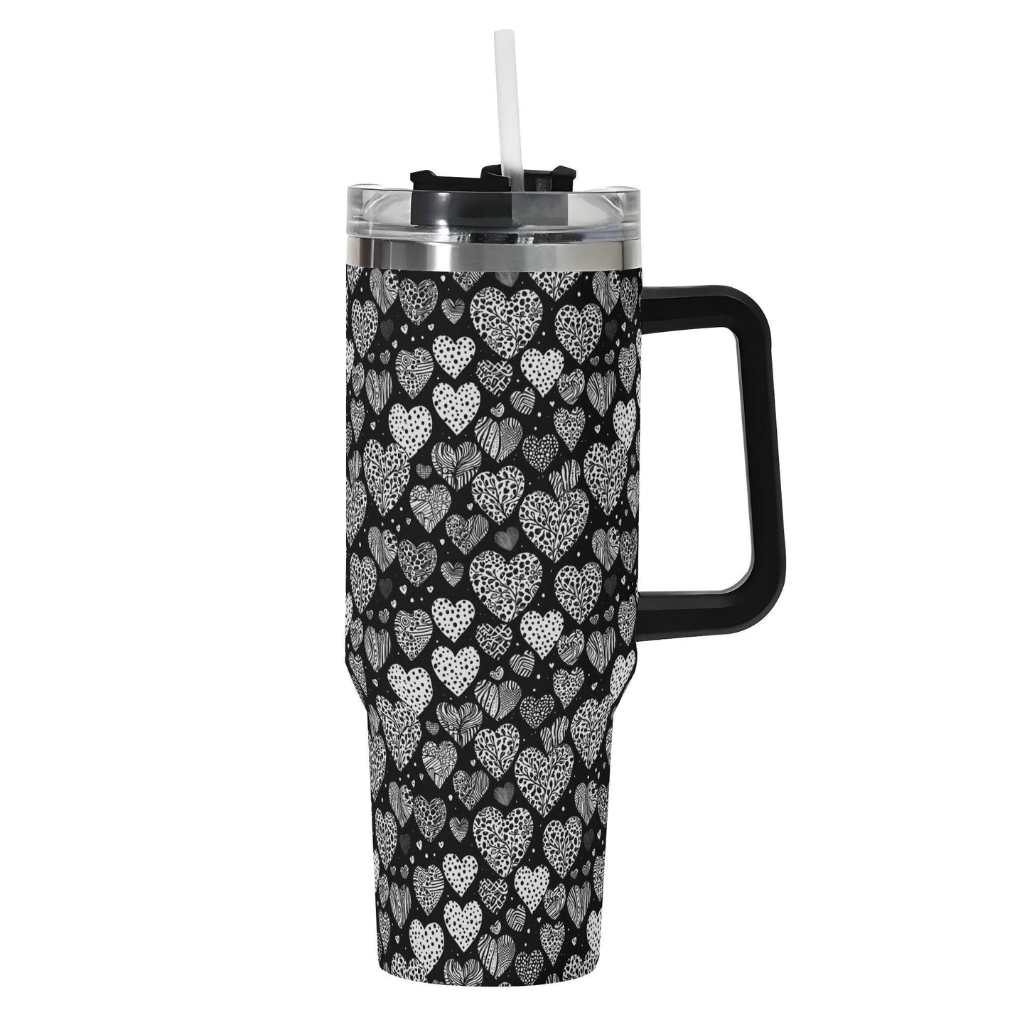 Black and White Hearts 40oz Stainless Steel Tumbler Gift With Black Handle and Straw - DeRose Seasonal