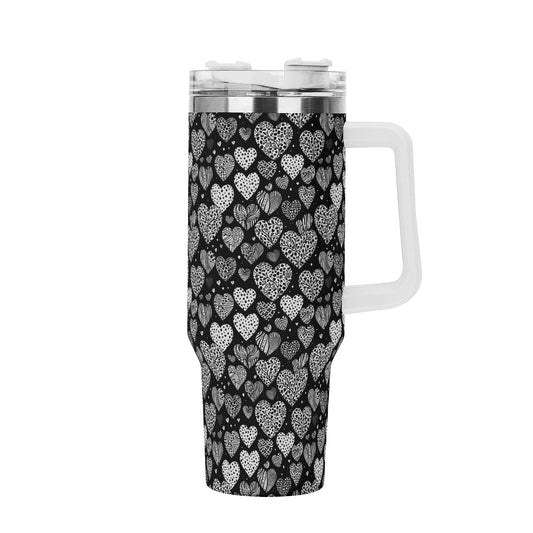 Black and White Hearts 40oz Stainless Steel Tumbler Gift With White Handle and Straw - DeRose Seasonal