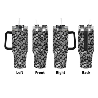 Black and White Hearts 40oz Stainless Steel Tumbler Gift With Black Handle and Straw - DeRose Seasonal