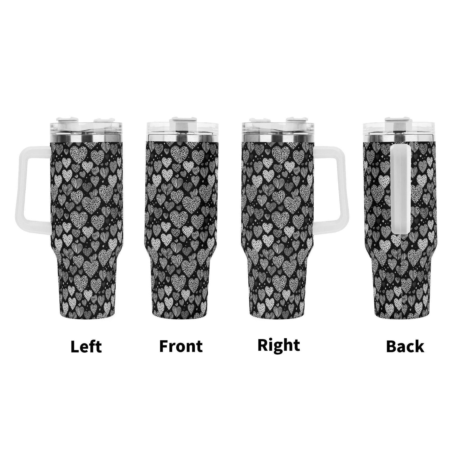 Black and White Hearts 40oz Stainless Steel Tumbler Gift With White Handle and Straw - DeRose Seasonal
