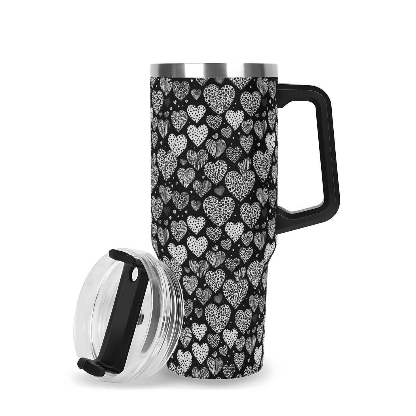 Black and White Hearts 40oz Stainless Steel Tumbler Gift With Black Handle and Straw - DeRose Seasonal