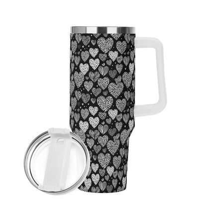 Black and White Hearts 40oz Stainless Steel Tumbler Gift With White Handle and Straw - DeRose Seasonal
