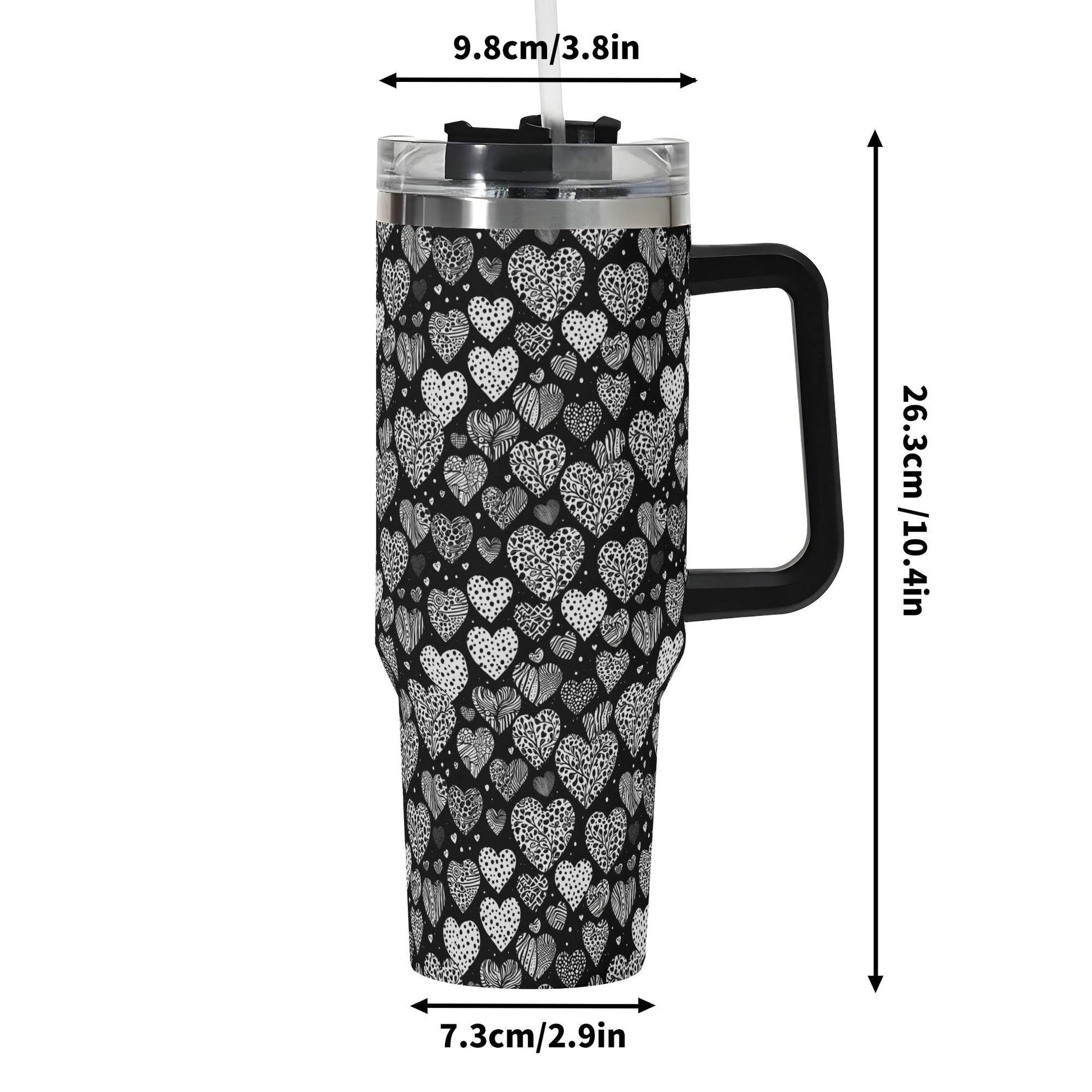 Black and White Hearts 40oz Stainless Steel Tumbler Gift With Black Handle and Straw - DeRose Seasonal