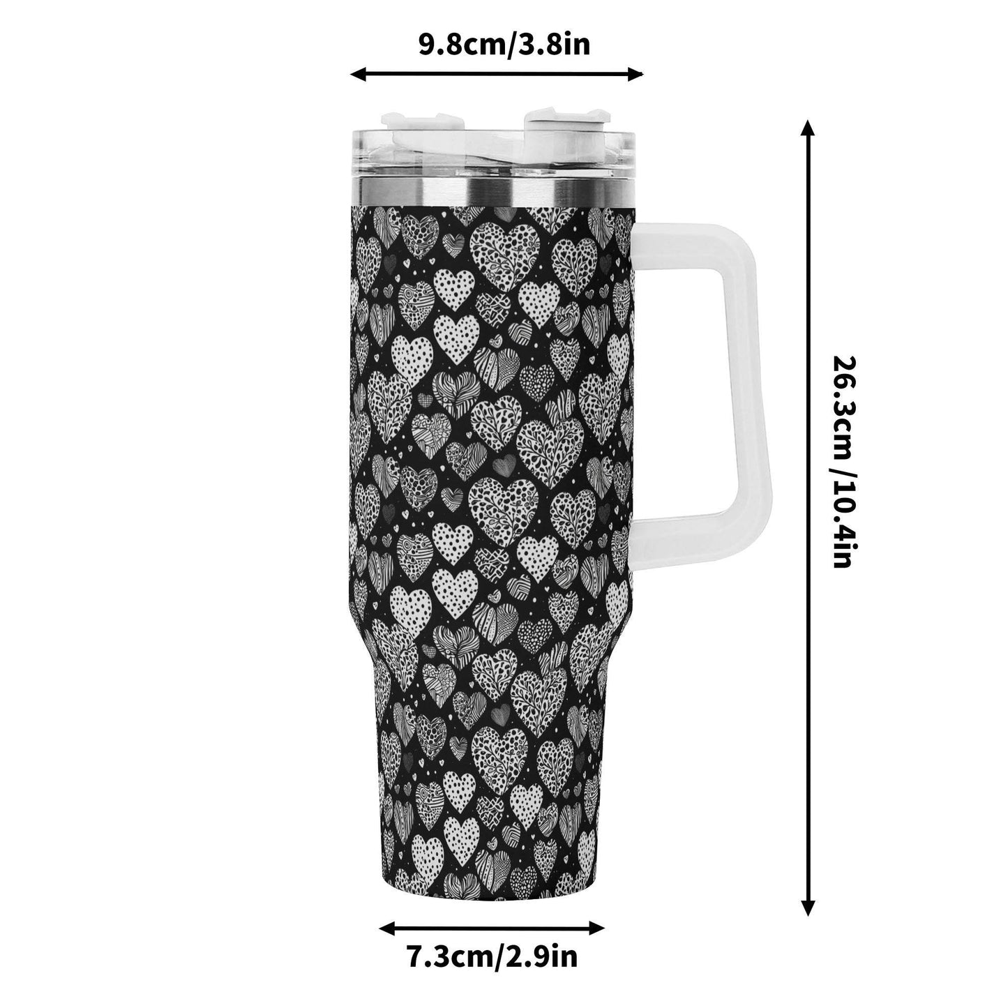 Black and White Hearts 40oz Stainless Steel Tumbler Gift With White Handle and Straw - DeRose Seasonal