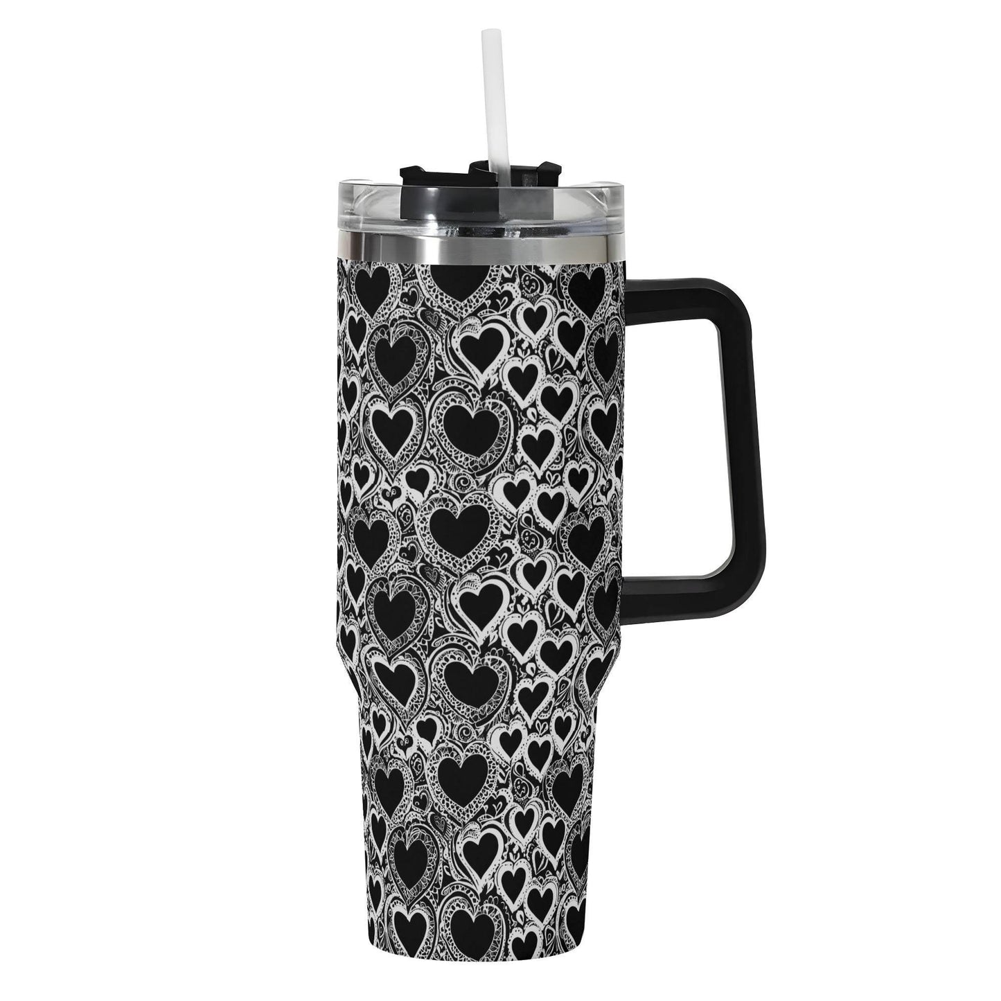 Black and White Groovy Hearts 40oz Stainless Steel Tumbler Gift With Black Handle and Straw - DeRose Seasonal
