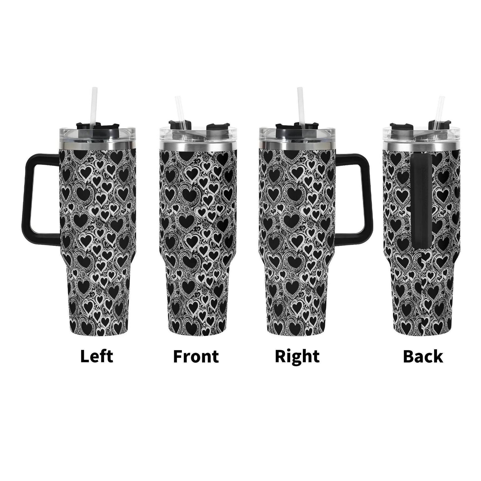 Black and White Groovy Hearts 40oz Stainless Steel Tumbler Gift With Black Handle and Straw - DeRose Seasonal