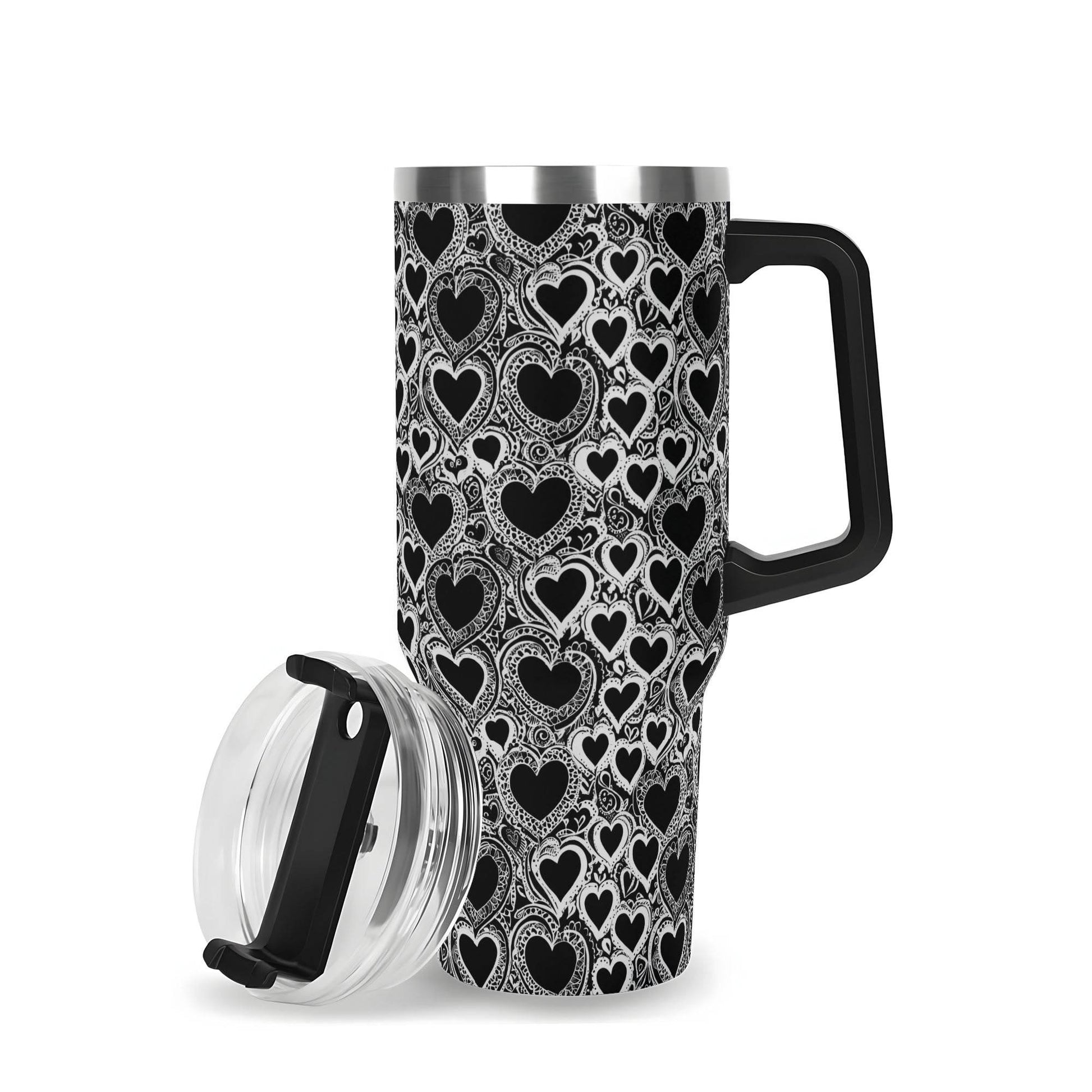 Black and White Groovy Hearts 40oz Stainless Steel Tumbler Gift With Black Handle and Straw - DeRose Seasonal