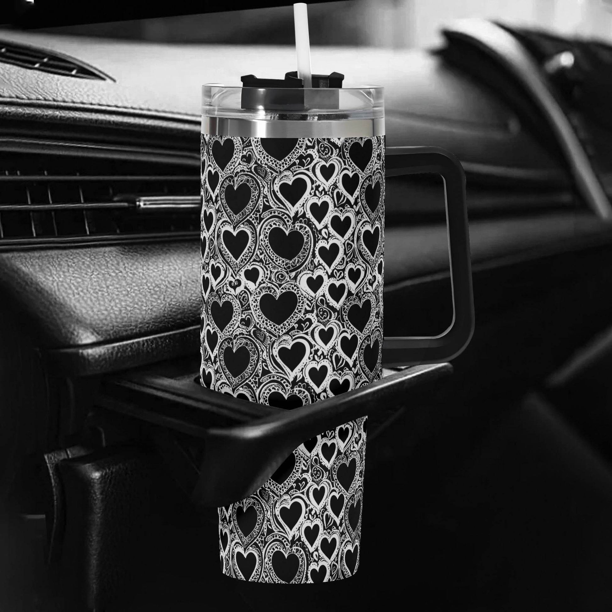 Black and White Groovy Hearts 40oz Stainless Steel Tumbler Gift With Black Handle and Straw - DeRose Seasonal