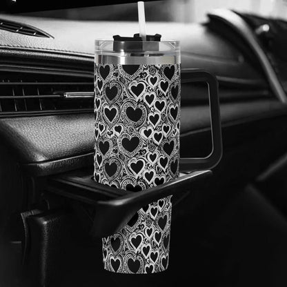 Black and White Groovy Hearts 40oz Stainless Steel Tumbler Gift With Black Handle and Straw - DeRose Seasonal