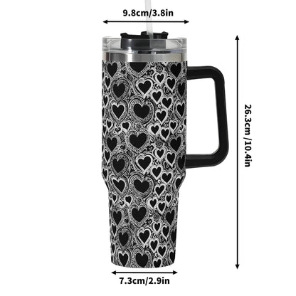 Black and White Groovy Hearts 40oz Stainless Steel Tumbler Gift With Black Handle and Straw - DeRose Seasonal