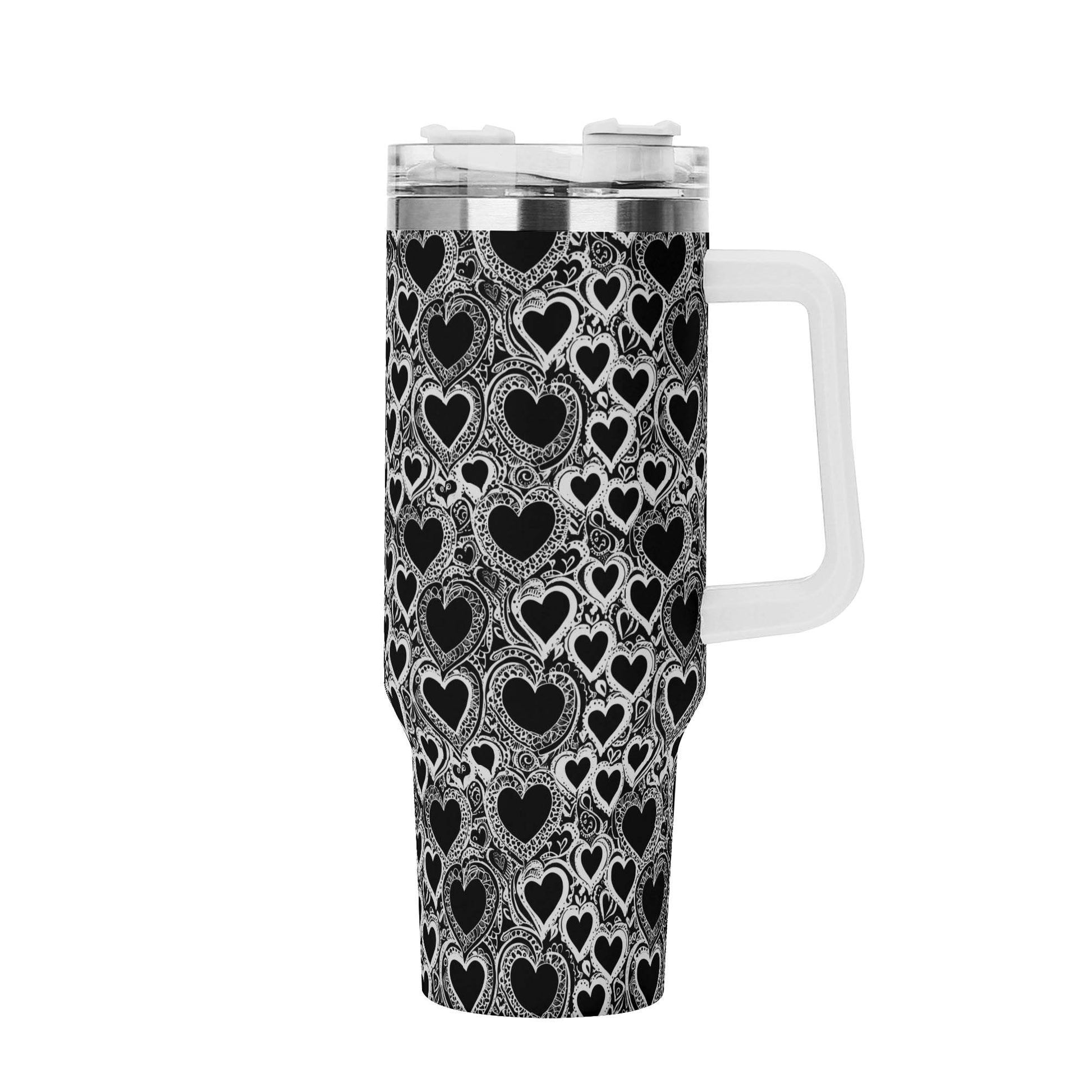 Black and White Groovy Hearts 40oz Stainless Steel Tumbler Gift With White Handle and Straw - DeRose Seasonal