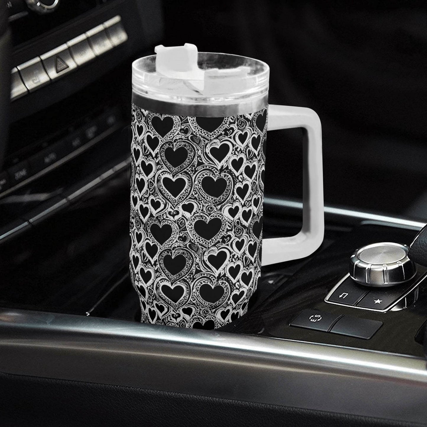 Black and White Groovy Hearts 40oz Stainless Steel Tumbler Gift With White Handle and Straw - DeRose Seasonal