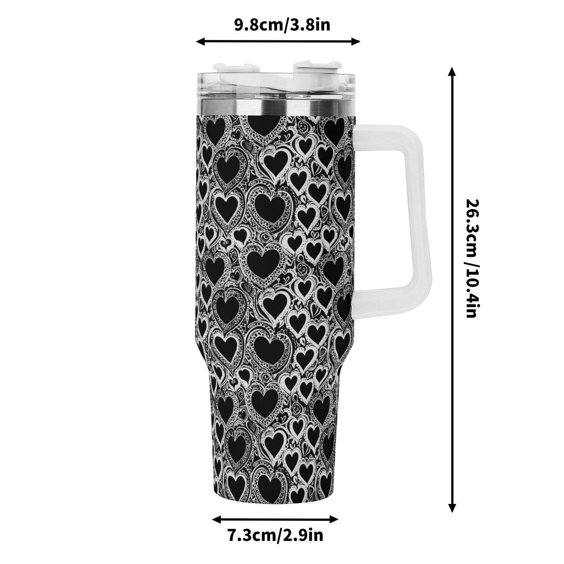 Black and White Groovy Hearts 40oz Stainless Steel Tumbler Gift With White Handle and Straw - DeRose Seasonal