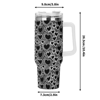 Black and White Groovy Hearts 40oz Stainless Steel Tumbler Gift With White Handle and Straw - DeRose Seasonal