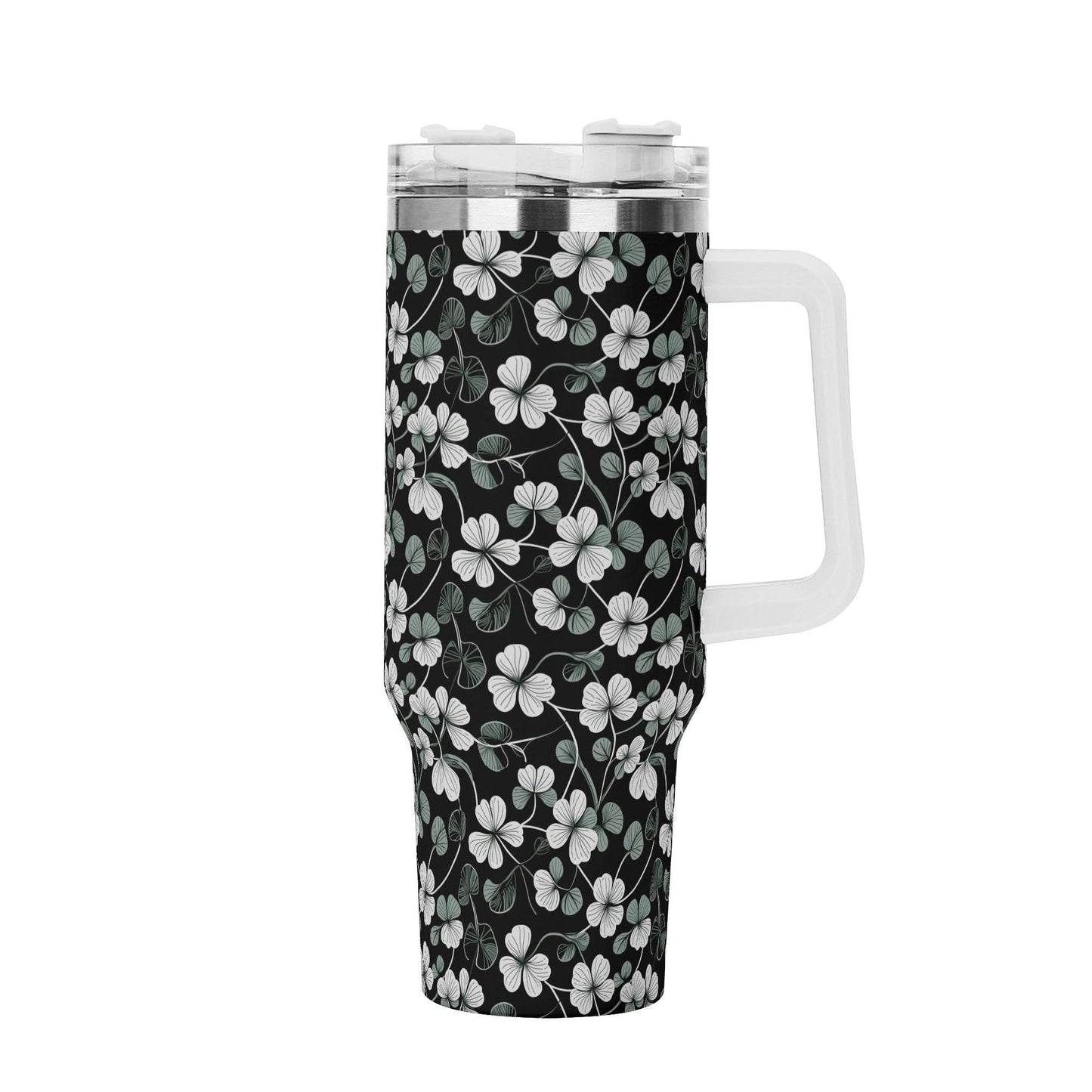White and Green Clover 40oz Stainless Steel Tumbler Gift With White Handle and Straw - DeRose Seasonal