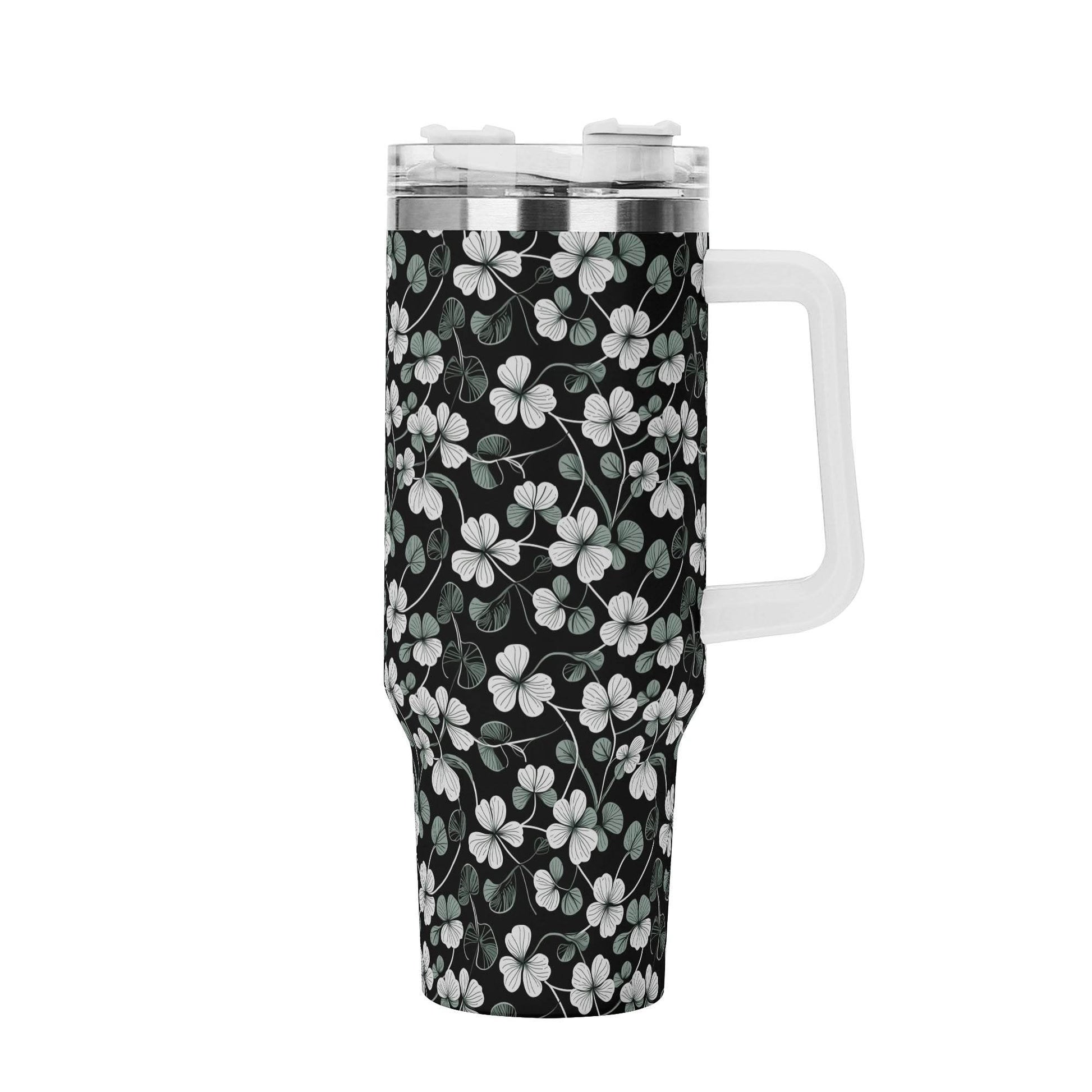 White and Green Clover 40oz Stainless Steel Tumbler Gift With White Handle and Straw - DeRose Seasonal