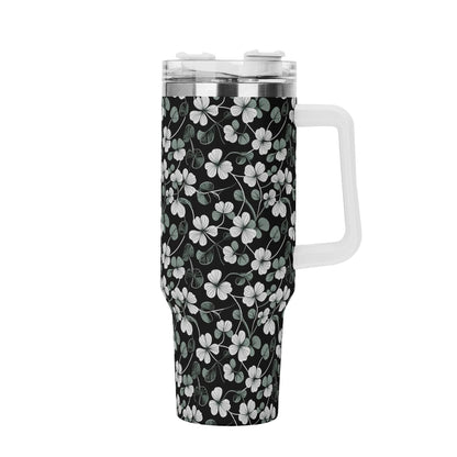 White and Green Clover 40oz Stainless Steel Tumbler Gift With White Handle and Straw - DeRose Seasonal