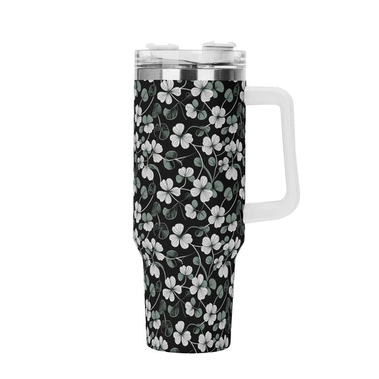 White and Green Clover 40oz Stainless Steel Tumbler Gift With White Handle and Straw - DeRose Seasonal
