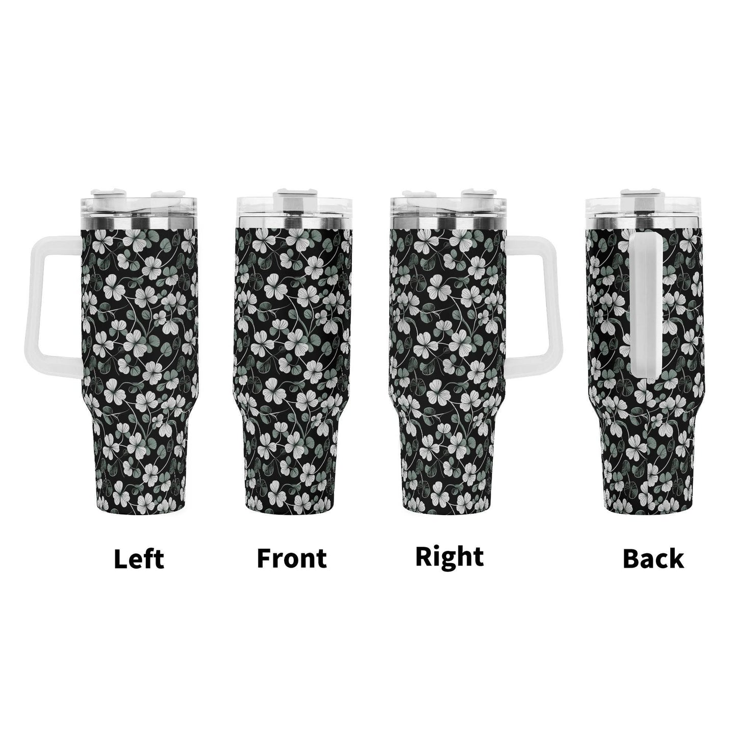 White and Green Clover 40oz Stainless Steel Tumbler Gift With White Handle and Straw - DeRose Seasonal