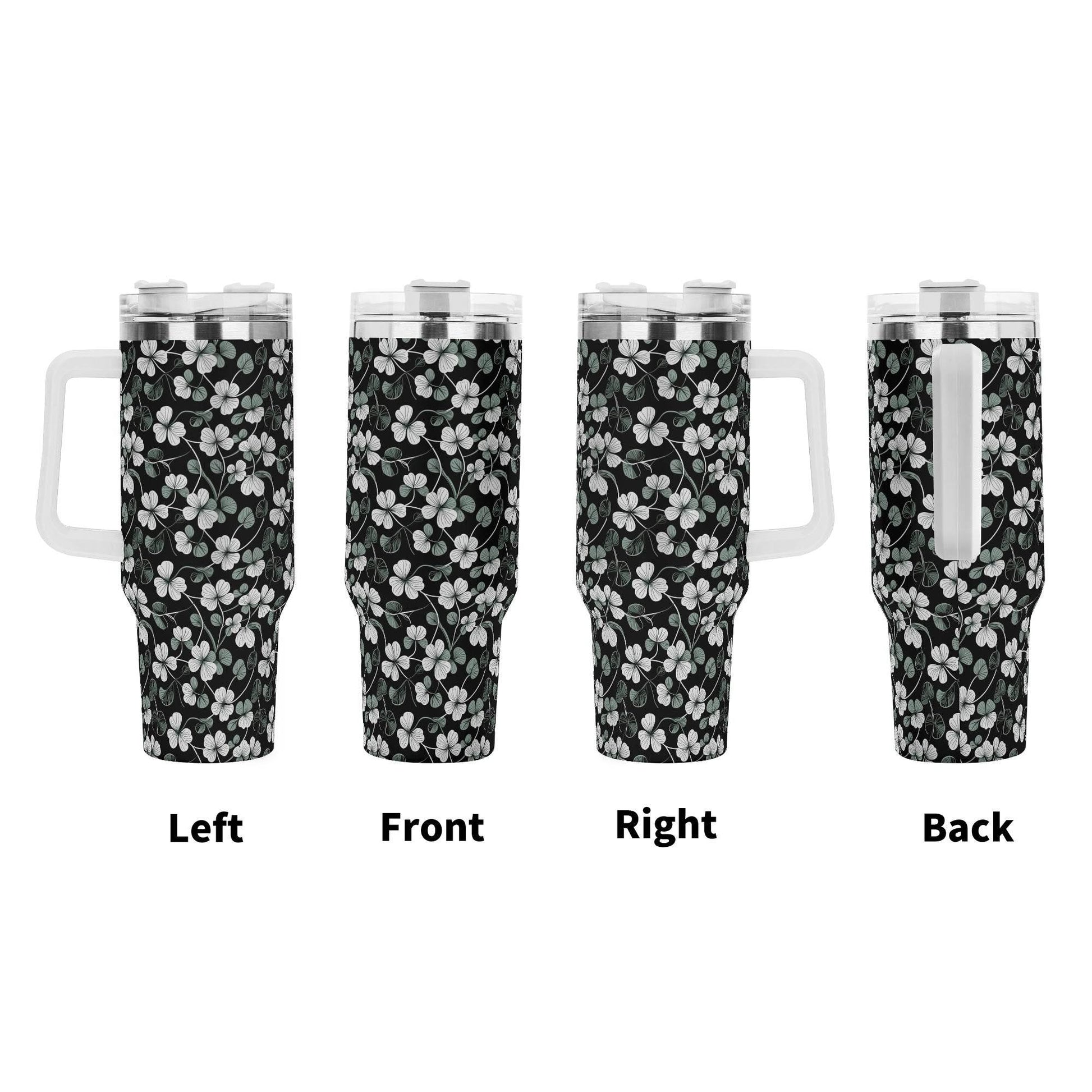 White and Green Clover 40oz Stainless Steel Tumbler Gift With White Handle and Straw - DeRose Seasonal