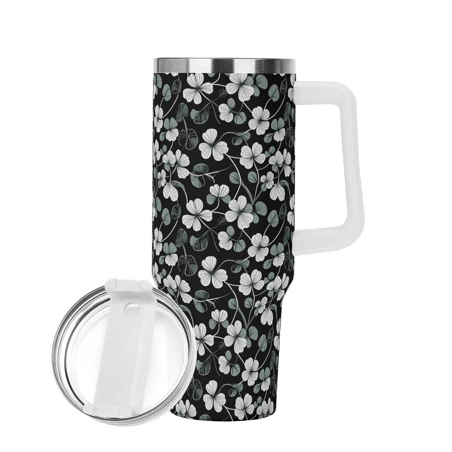 White and Green Clover 40oz Stainless Steel Tumbler Gift With White Handle and Straw - DeRose Seasonal