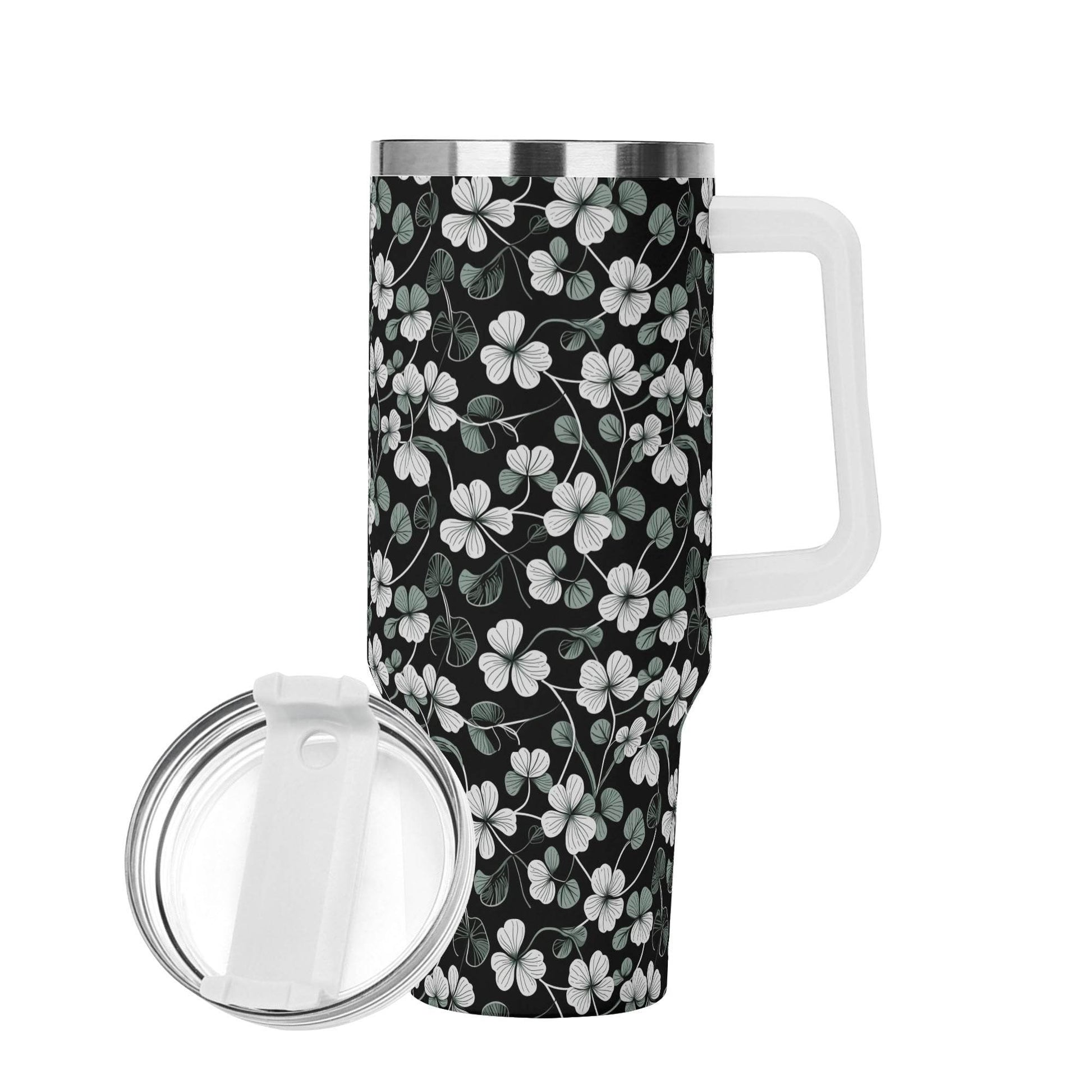 White and Green Clover 40oz Stainless Steel Tumbler Gift With White Handle and Straw - DeRose Seasonal