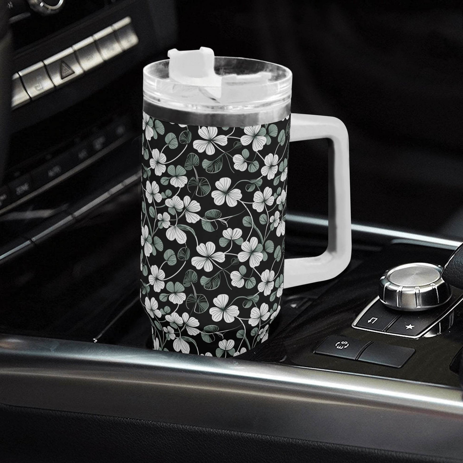 White and Green Clover 40oz Stainless Steel Tumbler Gift With White Handle and Straw - DeRose Seasonal