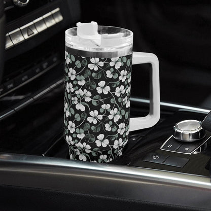 White and Green Clover 40oz Stainless Steel Tumbler Gift With White Handle and Straw - DeRose Seasonal