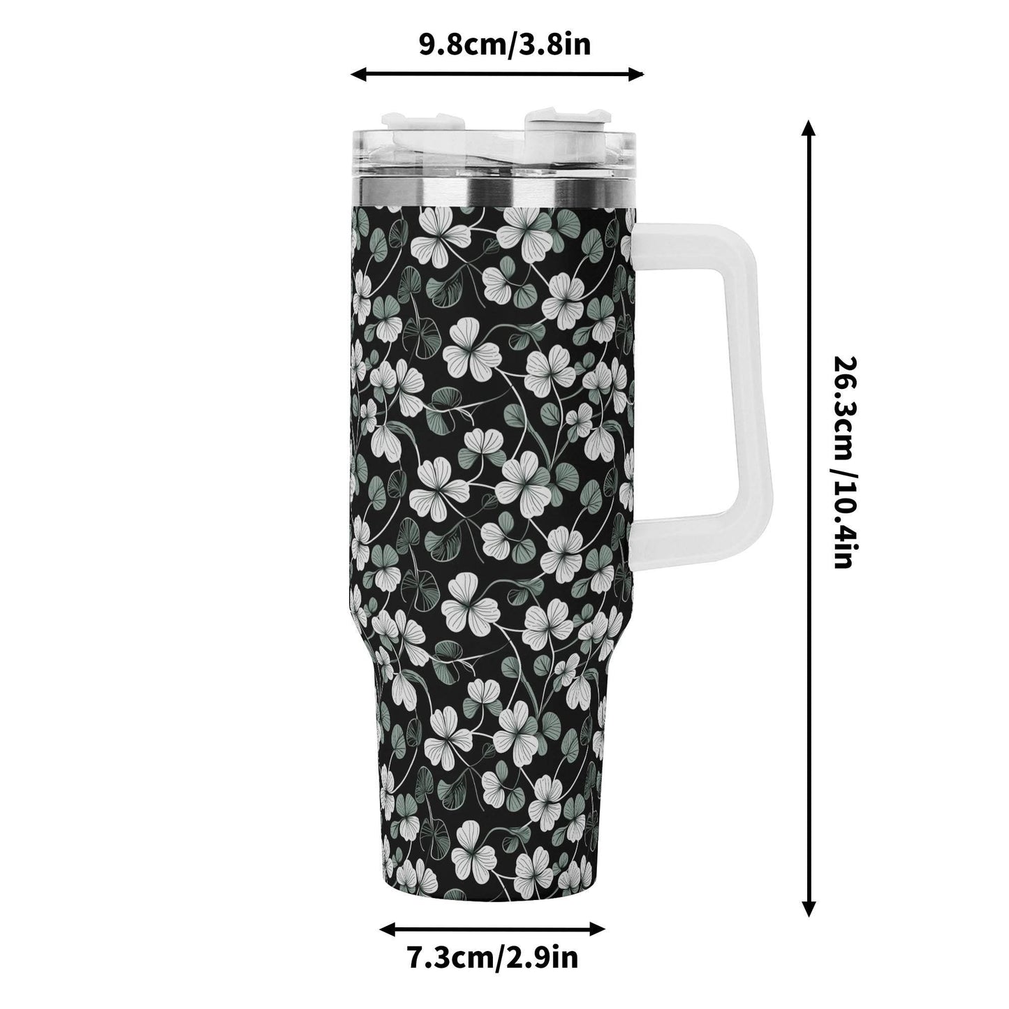 White and Green Clover 40oz Stainless Steel Tumbler Gift With White Handle and Straw - DeRose Seasonal